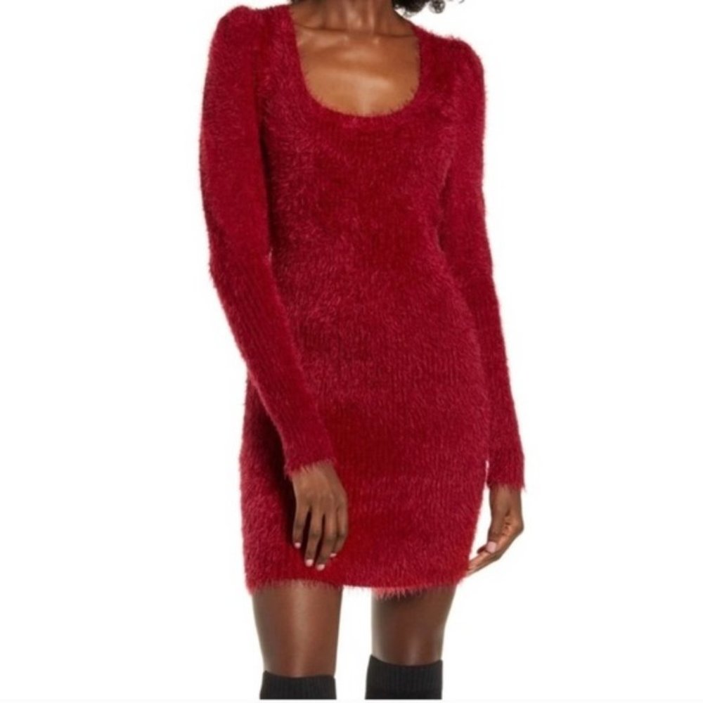 4SI3NNA Red Romantic Fuzzy Sweater Mini Dress